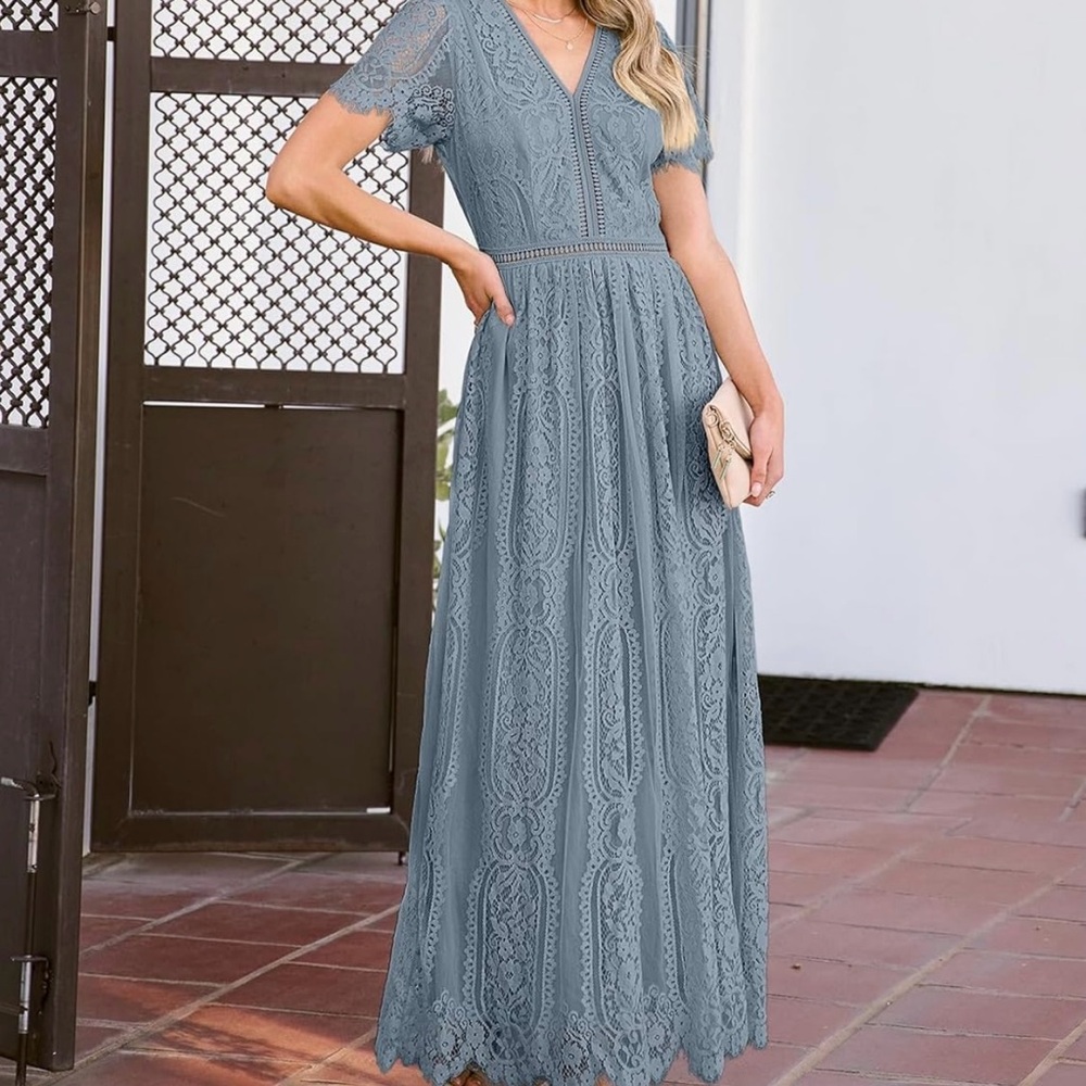 MEROKEETY Women's V Neck Short Sleeve Floral Lace Wedding/Bridesmaid Maxi Dress